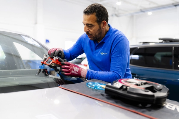 Technicien Mondial Pare-Brise posant un outil sur le pare-brise d'un client afin de le réparer