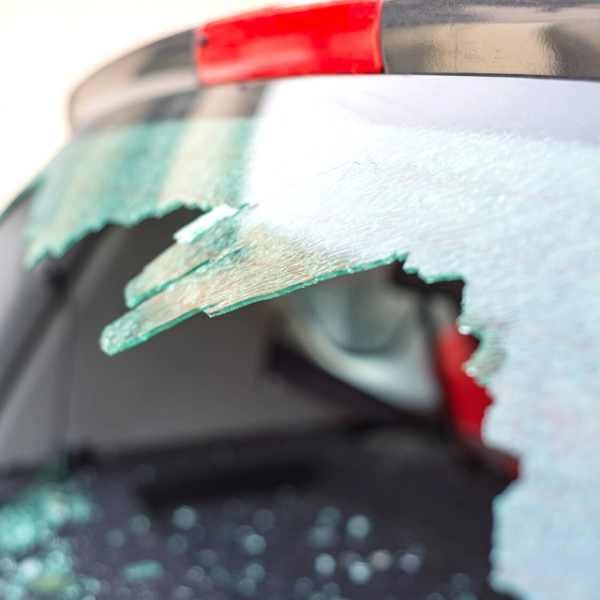 Lunette arrière de voiture brisée, avec éclats de verre visibles, illustrant l’urgence d’une intervention vitrage rapide et sécurisée.